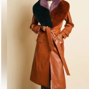 Hutch Brown Trench Coat with Colorful Faux Fur Collar